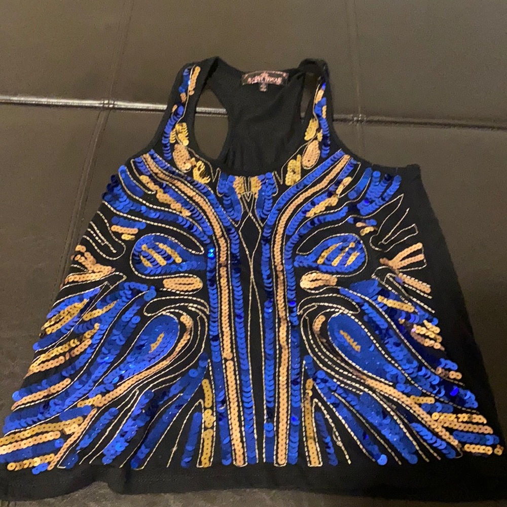 Black tank with gold and blue sequence.